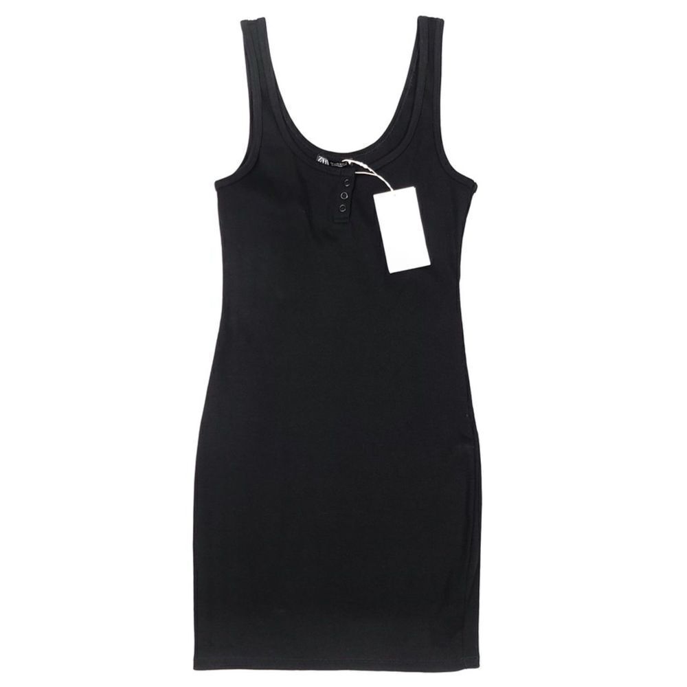ZARA Ribbed Knit Fitted Mini Tank Dress with Buttons Womens Medium Basic Black